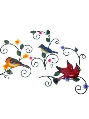 Metal Bird Wall Art Decor Set With Vibrant Floral Design For Indoor/Outdoor Disp